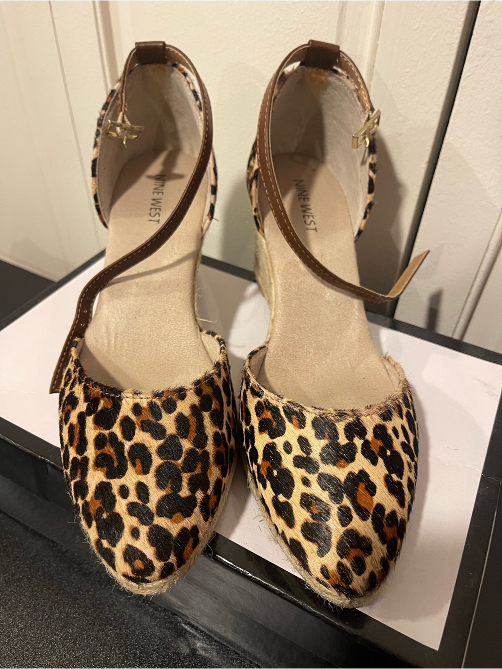 Nine West Leopard Espadrille Ankle-Strap Flats in Brown and Tan